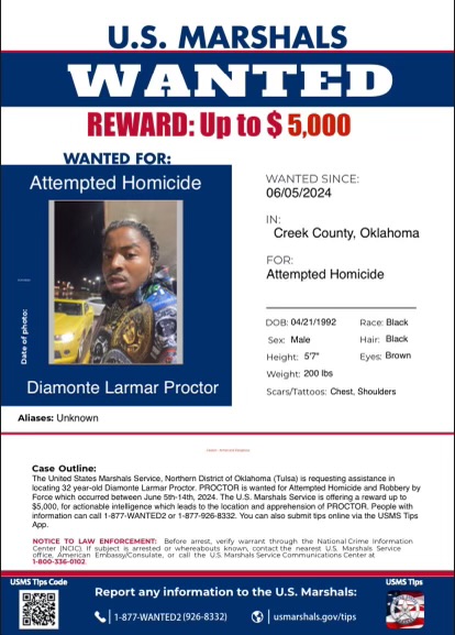 Most Wanted Image for Diamonte Proctor in Creek County, Oklahoma