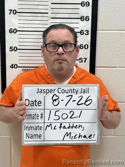 Mugshot of Michael Patrick Mcfadden booked in Jasper County, Iowa on August 7, 2026