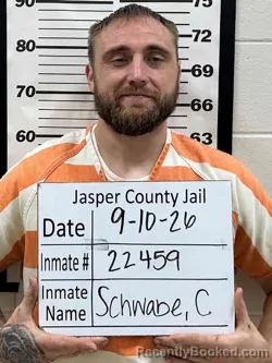 Mugshot of Caleb Michael Schwabe booked in Jasper County, Iowa on September 10, 2026