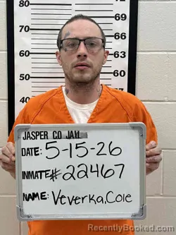 Mugshot of COLE HARLEY VEVERKA booked in Jasper County, Iowa on May 15, 2026