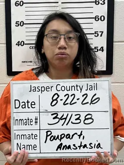 Mugshot of Anastasia Maria Poupart booked in Jasper County, Iowa on August 22, 2026