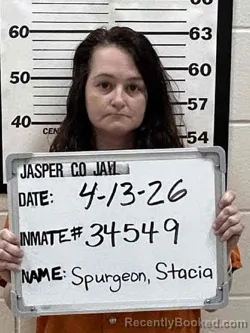 Mugshot of STACIA MARIE SPURGEON booked in Jasper County, Iowa on April 13, 2026