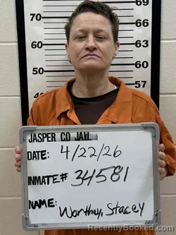 Mugshot of STACEY RAE WORTHEY booked in Jasper County, Iowa on April 22, 2026