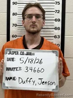 Mugshot of JENSON MITCHELL DUFFY booked in Jasper County, Iowa on May 18, 2026