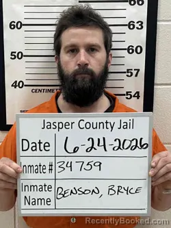 Mugshot of BRYCE PHILIP BENSON booked in Jasper County, Iowa on June 24, 2026