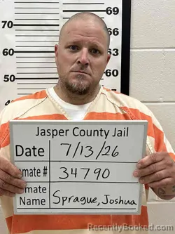 Mugshot of JOSHUA JOE SPRAGUE booked in Jasper County, Iowa on July 13, 2026