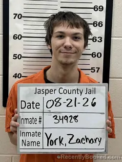 Mugshot of Zachary York booked in Jasper County, Iowa on August 21, 2026