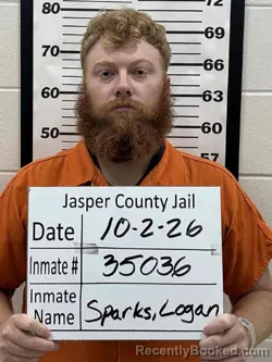 Mugshot of Logan Douglas Sparks booked in Jasper County, Iowa on October 2, 2026