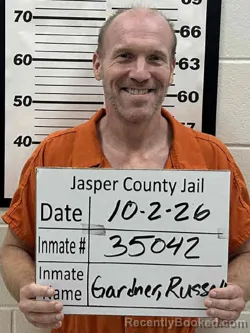 Mugshot of Russell Lee Gardner booked in Jasper County, Iowa on October 2, 2026