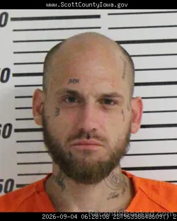 Mugshot of Travis Logan Murphy booked in Scott County, Iowa on September 4, 2026