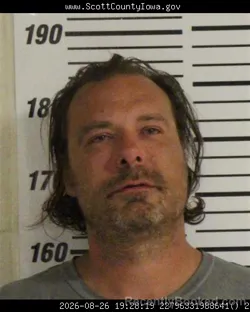 Mugshot of David Wade Adkins booked in Scott County, Iowa on August 26, 2026