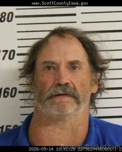 Mugshot of Raymond William Duex booked in Scott County, Iowa on September 14, 2026