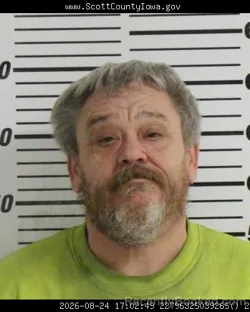 Mugshot of David Allen Barker booked in Scott County, Iowa on August 24, 2026