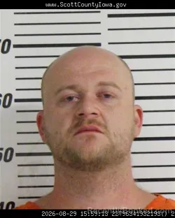 Mugshot of Jessie James Bowman booked in Scott County, Iowa on August 29, 2026