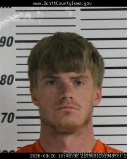 Mugshot of Lucas Michael Jacobson booked in Scott County, Iowa on August 20, 2026