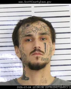 Mugshot of SABASTIAN DAVID BUSTILLOS booked in Scott County, Iowa on July 4, 2026