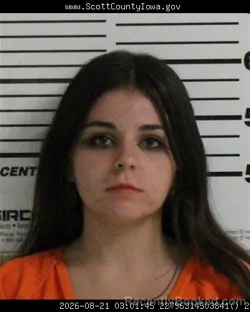 Mugshot of Calista Josephine Urmie booked in Scott County, Iowa on August 21, 2026