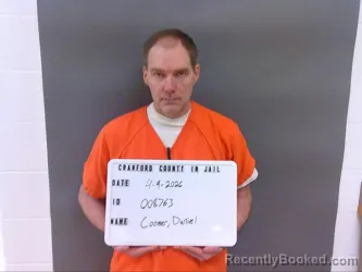 Mugshot of DANIEL AARON COOMER booked in Crawford County, Indiana on April 9, 2026