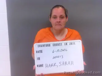 Mugshot of SARAH HARR booked in Crawford County, Indiana on June 12, 2026