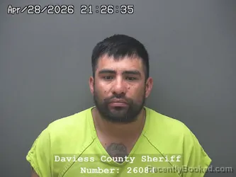 Mugshot of MARCO ANTANIO ORTIZ-LOPEZ booked in Daviess County, Indiana on April 28, 2026