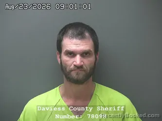 Mugshot of Cory Jacob Kleeman booked in Daviess County, Indiana on August 22, 2026