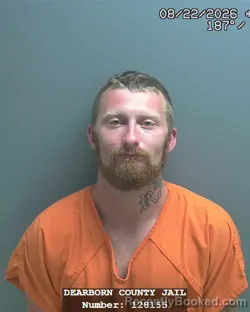 Mugshot of Derek James Widener booked in Dearborn County, Indiana on August 22, 2026