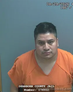Mugshot of Gabino Mendez Lainez booked in Dearborn County, Indiana on August 28, 2026