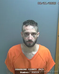 Mugshot of Aaron Russell Salyers booked in Dearborn County, Indiana on August 20, 2026