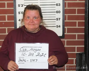 Mugshot of Megan Victoria Cox booked in Washington County, Missouri on October 24, 2026