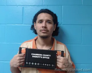 Mugshot of Aaron Alden Montalvo booked in Chambers County, Texas on April 1, 2026