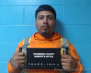 Mugshot of Angel Alberto Vazquez booked in Chambers County, Texas on August 22, 2026