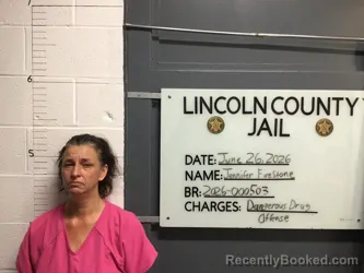 Mugshot of JENNIFER LYNN FIRESTONE booked in Lincoln County, Oklahoma on June 26, 2026