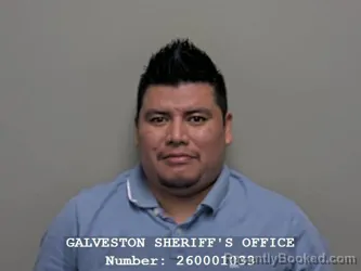 Mugshot of Evilio Esteban Poz Mazariegos booked in Galveston County, Texas on September 14, 2026