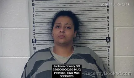 Mugshot of Riva Mae Pewamo booked in Jackson County, Kansas on March 23, 2026