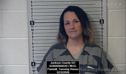 Mugshot of Tuesday Renea Pummill booked in Jackson County, Kansas on March 23, 2026