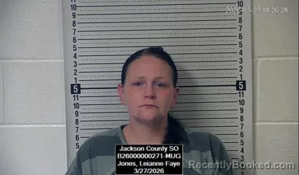 Mugshot of Leianne Faye Jones booked in Jackson County, Kansas on March 27, 2026