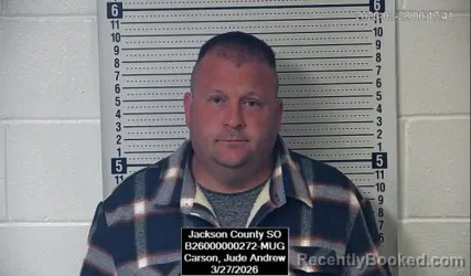 Mugshot of Jude Andrew Carson booked in Jackson County, Kansas on March 27, 2026