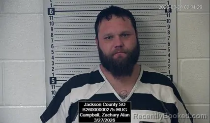 Mugshot of Zachary Alan Campbell booked in Jackson County, Kansas on March 27, 2026