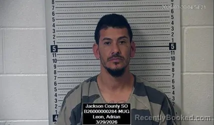 Mugshot of Adrian Leon booked in Jackson County, Kansas on March 29, 2026