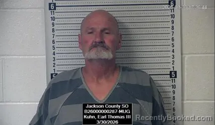 Mugshot of Earl Thomas Kuhn booked in Jackson County, Kansas on March 30, 2026