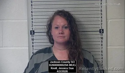 Mugshot of Jessica Sue Knoll booked in Jackson County, Kansas on April 2, 2026