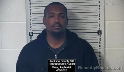 Mugshot of Taj Malek Grier booked in Jackson County, Kansas on April 3, 2026