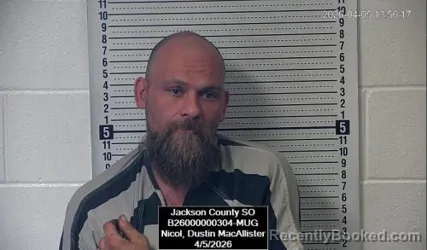 Mugshot of Dustin MacAllister Nicol booked in Jackson County, Kansas on April 5, 2026