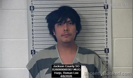 Mugshot of Roman Lee Harjo booked in Jackson County, Kansas on April 6, 2026