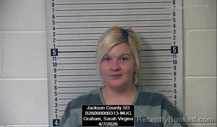 Mugshot of Sarah Virgina Graham booked in Jackson County, Kansas on April 7, 2026
