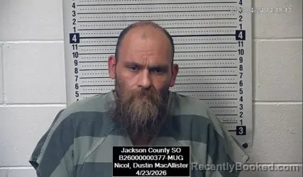 Mugshot of Dustin MacAllister Nicol booked in Jackson County, Kansas on April 23, 2026