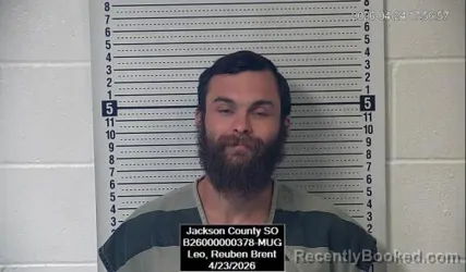 Mugshot of Reuben Brent Leo booked in Jackson County, Kansas on April 23, 2026
