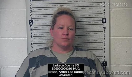 Mugshot of Amber Lea Rachel Mason booked in Jackson County, Kansas on April 24, 2026