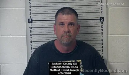 Mugshot of David Joseph Nietfeld booked in Jackson County, Kansas on April 24, 2026