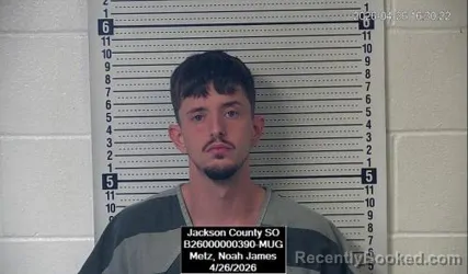 Mugshot of Noah James Metz booked in Jackson County, Kansas on April 26, 2026